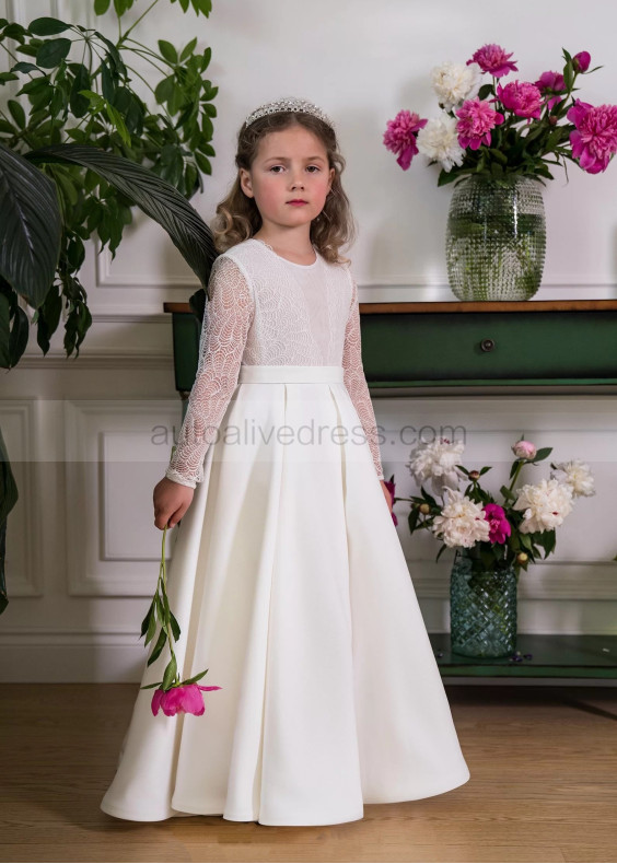 Long Sleeves Ivory Lace Satin Flower Girl Dress